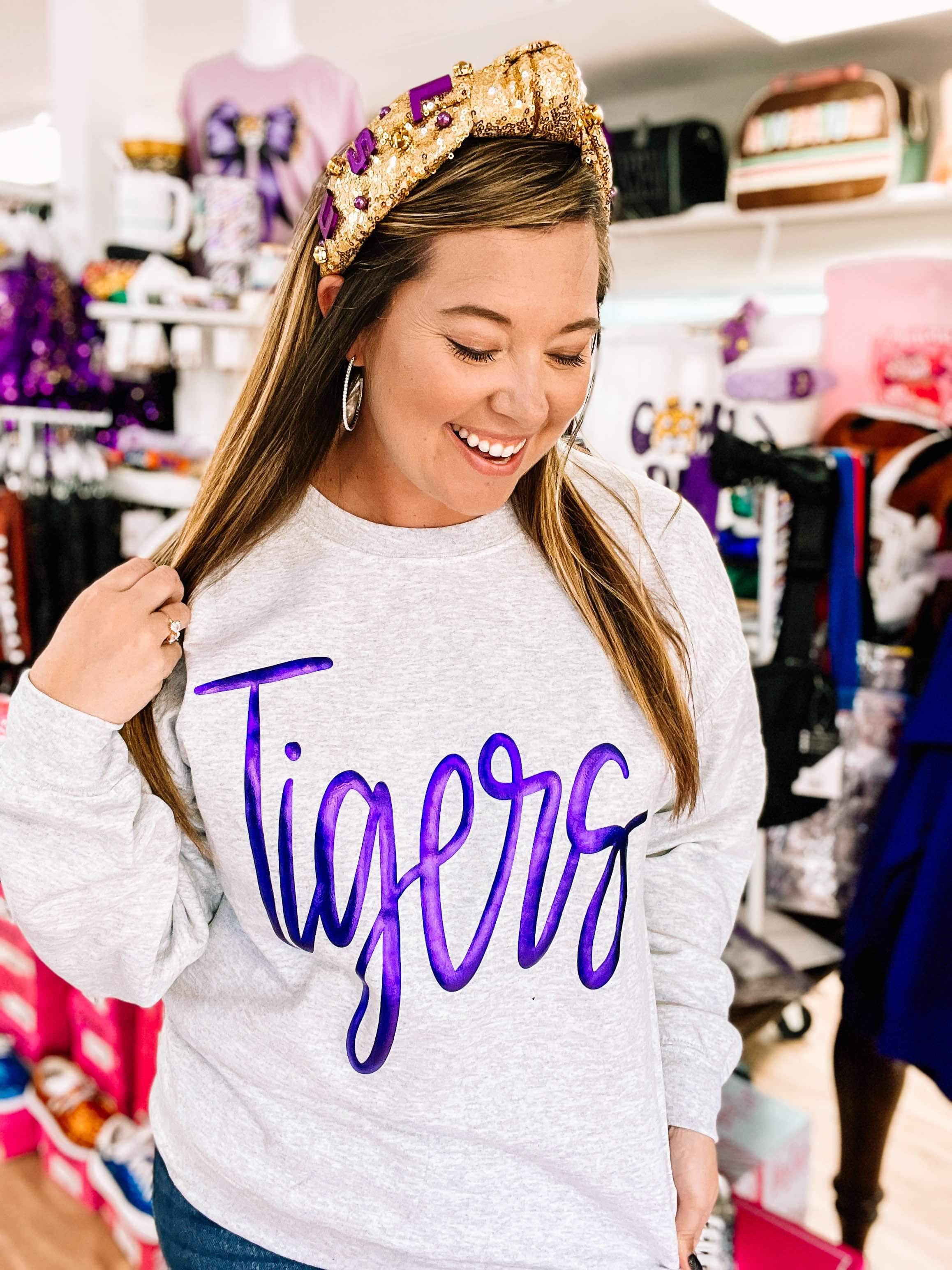 Metallic Puff Tigers Pullover-Graphic Tops-Dear Me Southern Boutique, located in DeRidder, Louisiana