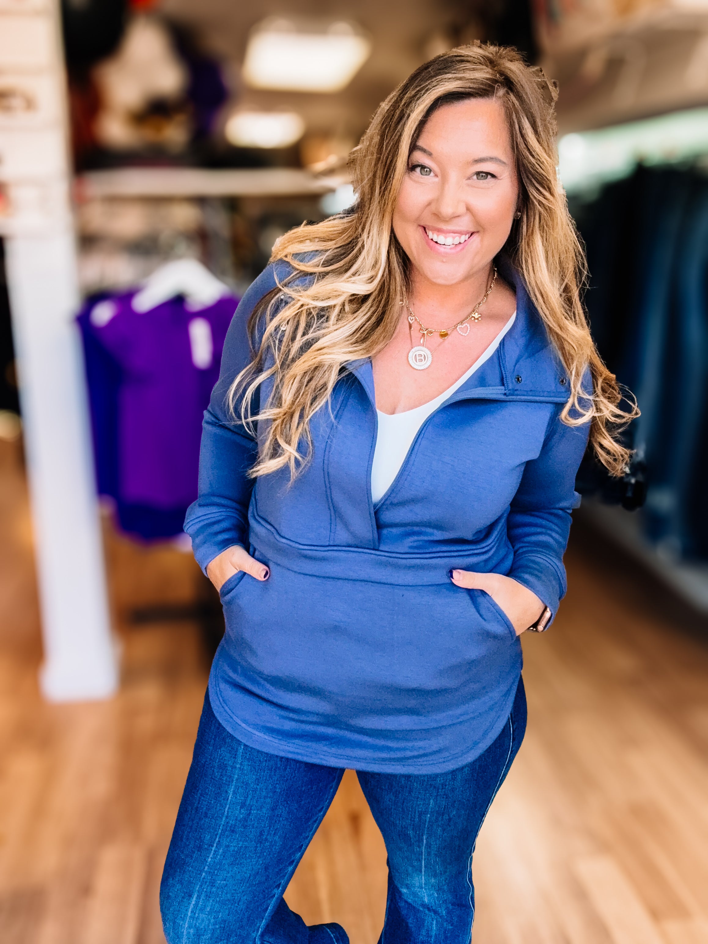 Mia Scuba Half-Zip Hoodie - Slate Blue-Sweaters-Dear Me Southern Boutique, located in DeRidder, Louisiana