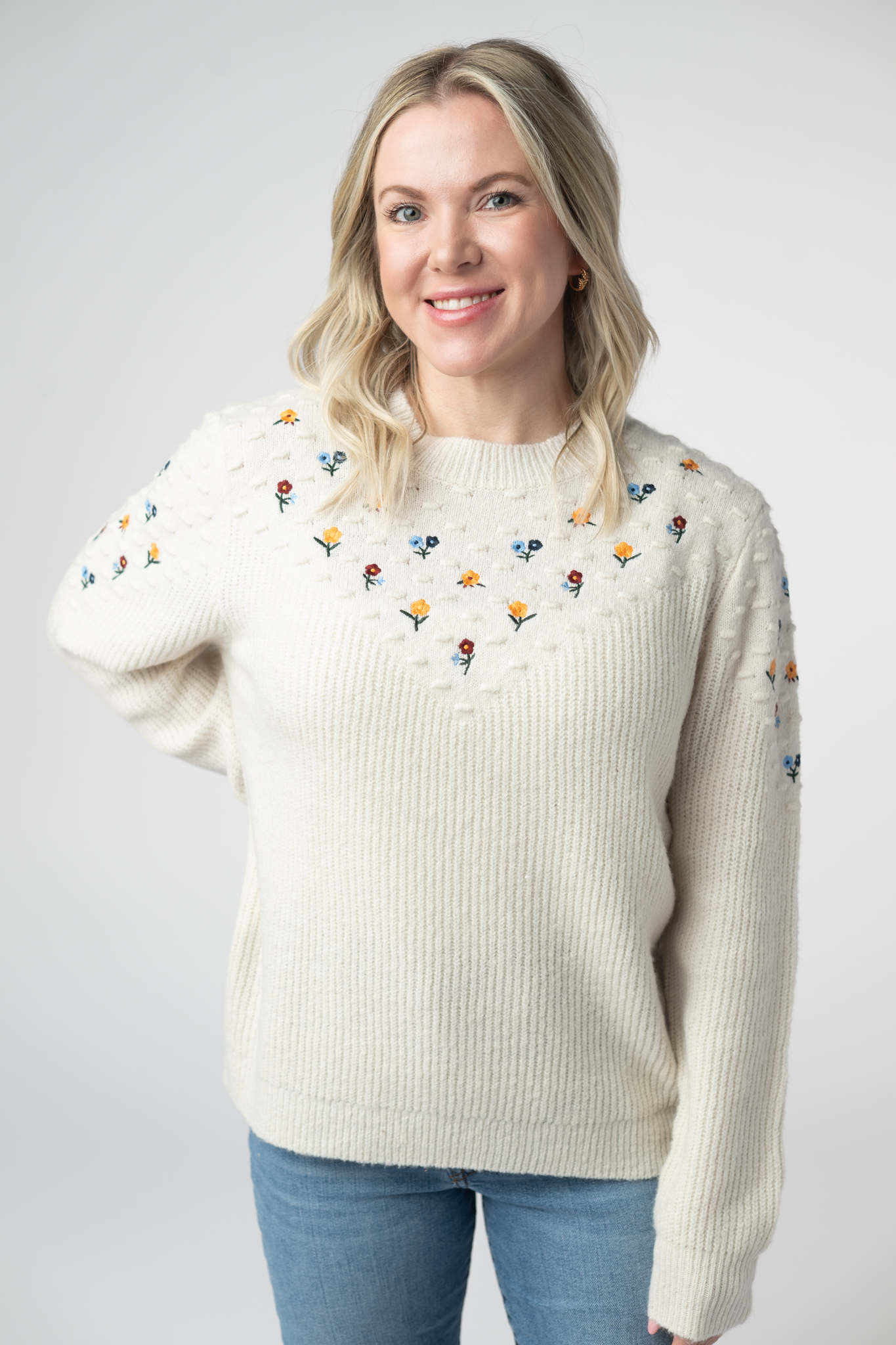 Micro Flower Sweater - Ivory-Sweater-Dear Me Southern Boutique, located in DeRidder, Louisiana