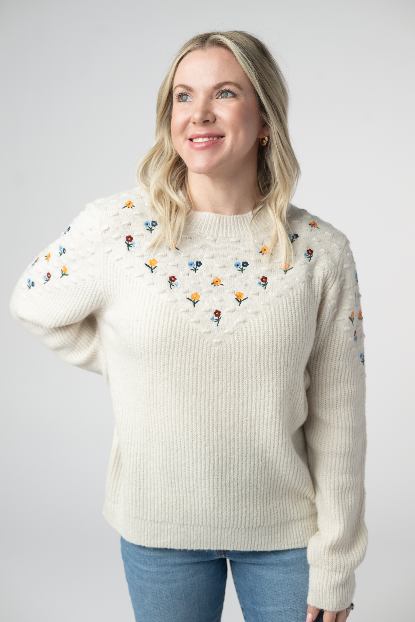 Micro Flower Sweater - Ivory-Sweater-Dear Me Southern Boutique, located in DeRidder, Louisiana