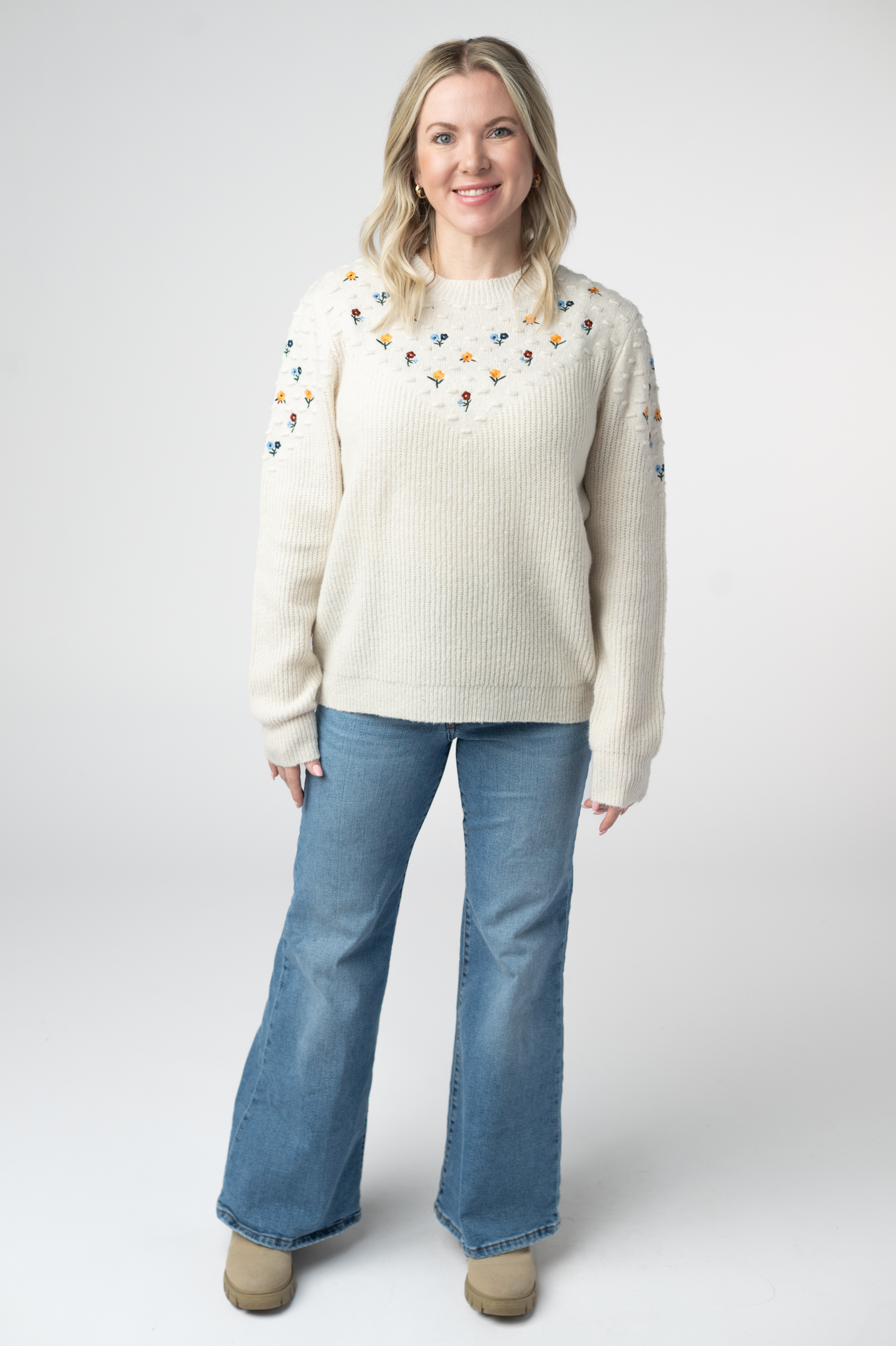 Micro Flower Sweater - Ivory-Sweater-Dear Me Southern Boutique, located in DeRidder, Louisiana