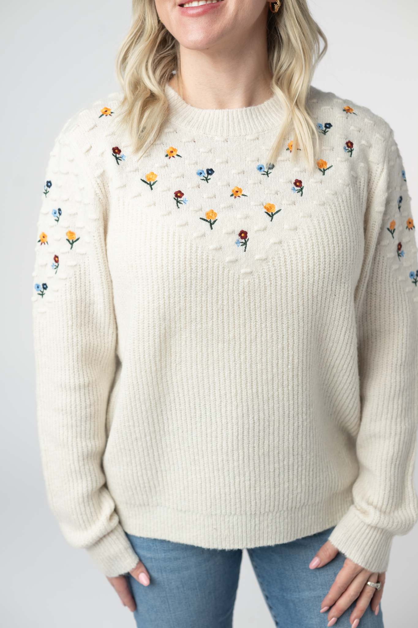 Micro Flower Sweater - Ivory-Sweaters-Dear Me Southern Boutique, located in DeRidder, Louisiana