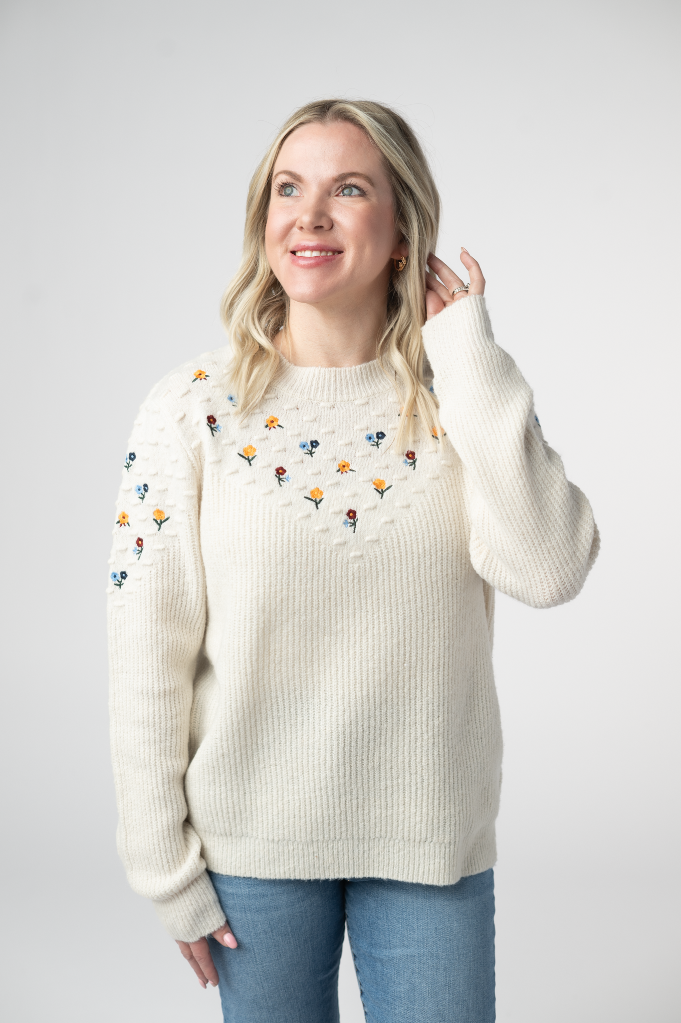Micro Flower Sweater - Ivory-Sweaters-Dear Me Southern Boutique, located in DeRidder, Louisiana