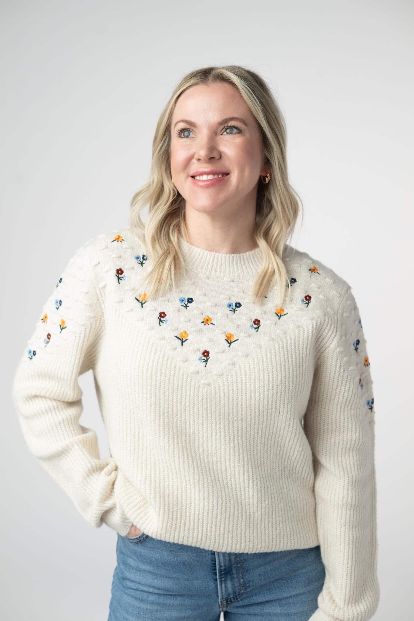 Micro Flower Sweater - Ivory-Sweaters-Dear Me Southern Boutique, located in DeRidder, Louisiana