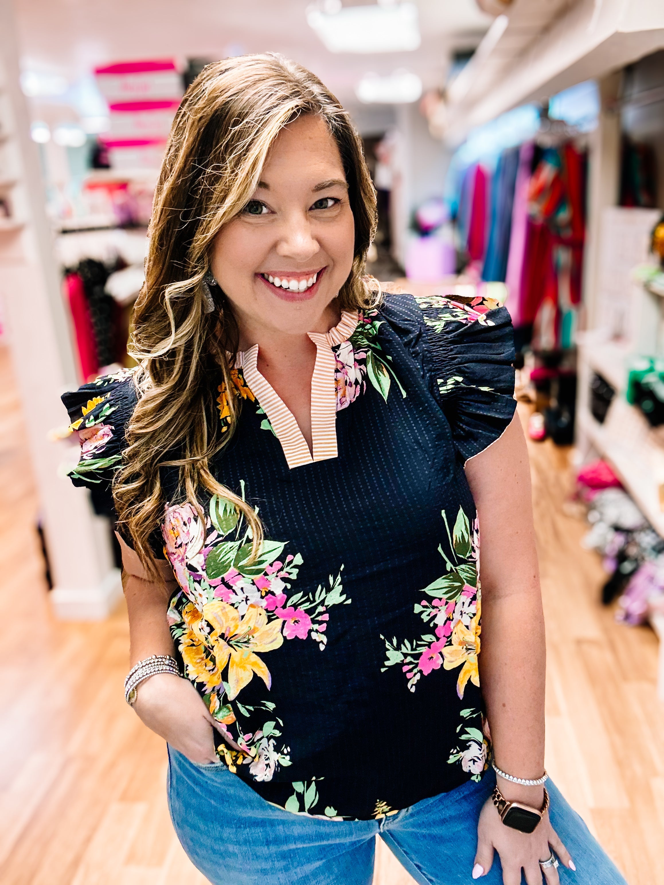 Midnight Bloom Ruffle Blouse-Blouses-Dear Me Southern Boutique, located in DeRidder, Louisiana