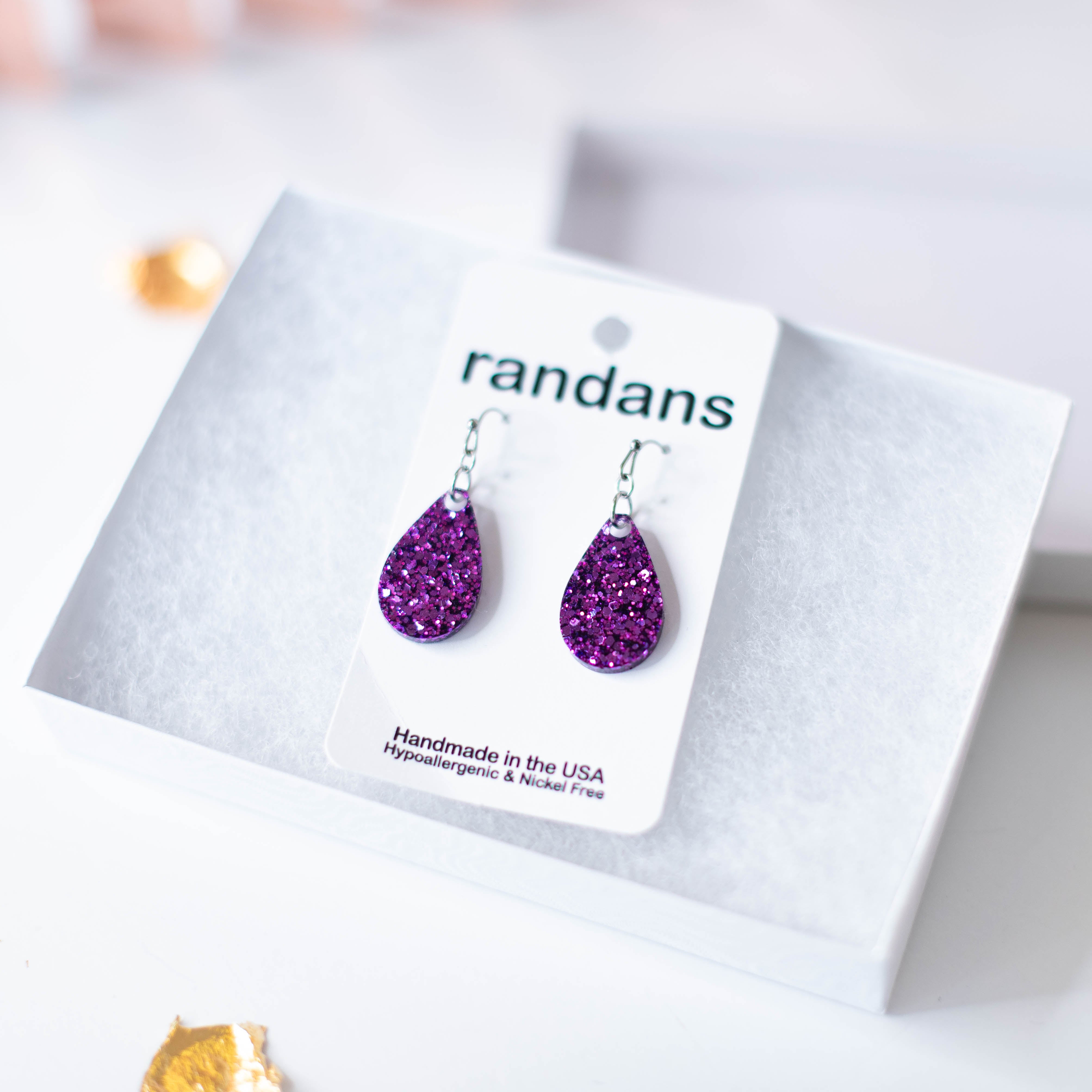 Mini Teardrop Randans Dangles - Purple Glitter-Earrings-Dear Me Southern Boutique, located in DeRidder, Louisiana