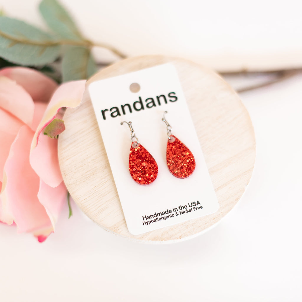 Mini Teardrop Randans Dangles - Red Glitter-Earrings-Dear Me Southern Boutique, located in DeRidder, Louisiana