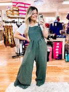 Move On Over Grey Olive Jumpsuit-Jumpsuits-Dear Me Southern Boutique, located in DeRidder, Louisiana