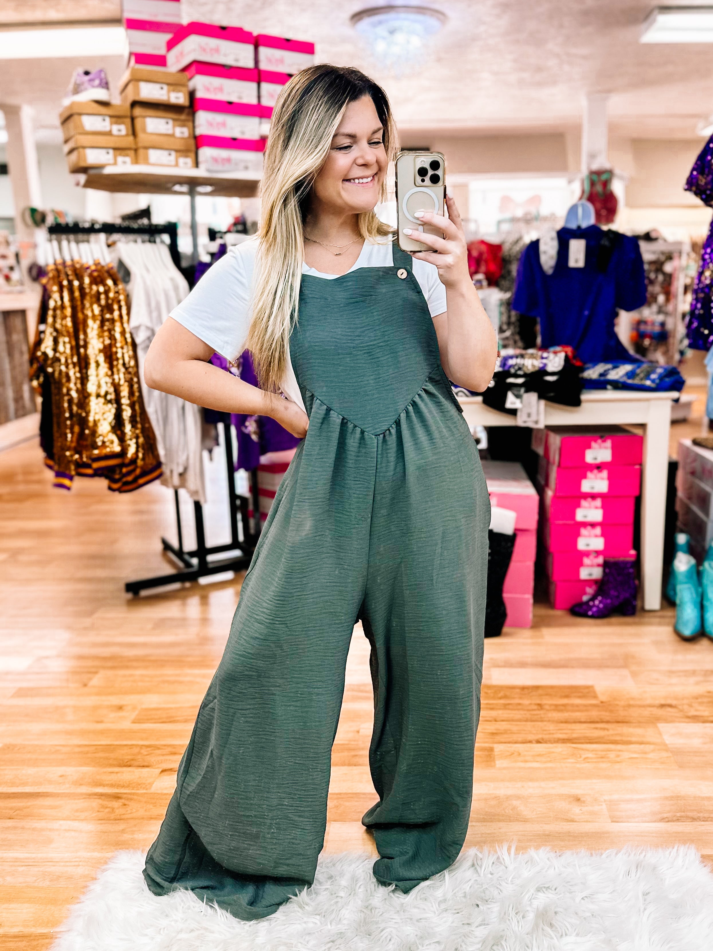 Move On Over Grey Olive Jumpsuit-Jumpsuits-Dear Me Southern Boutique, located in DeRidder, Louisiana