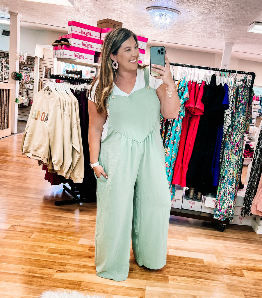 Move On Over Sage Jumpsuit-Bottoms-Dear Me Southern Boutique, located in DeRidder, Louisiana