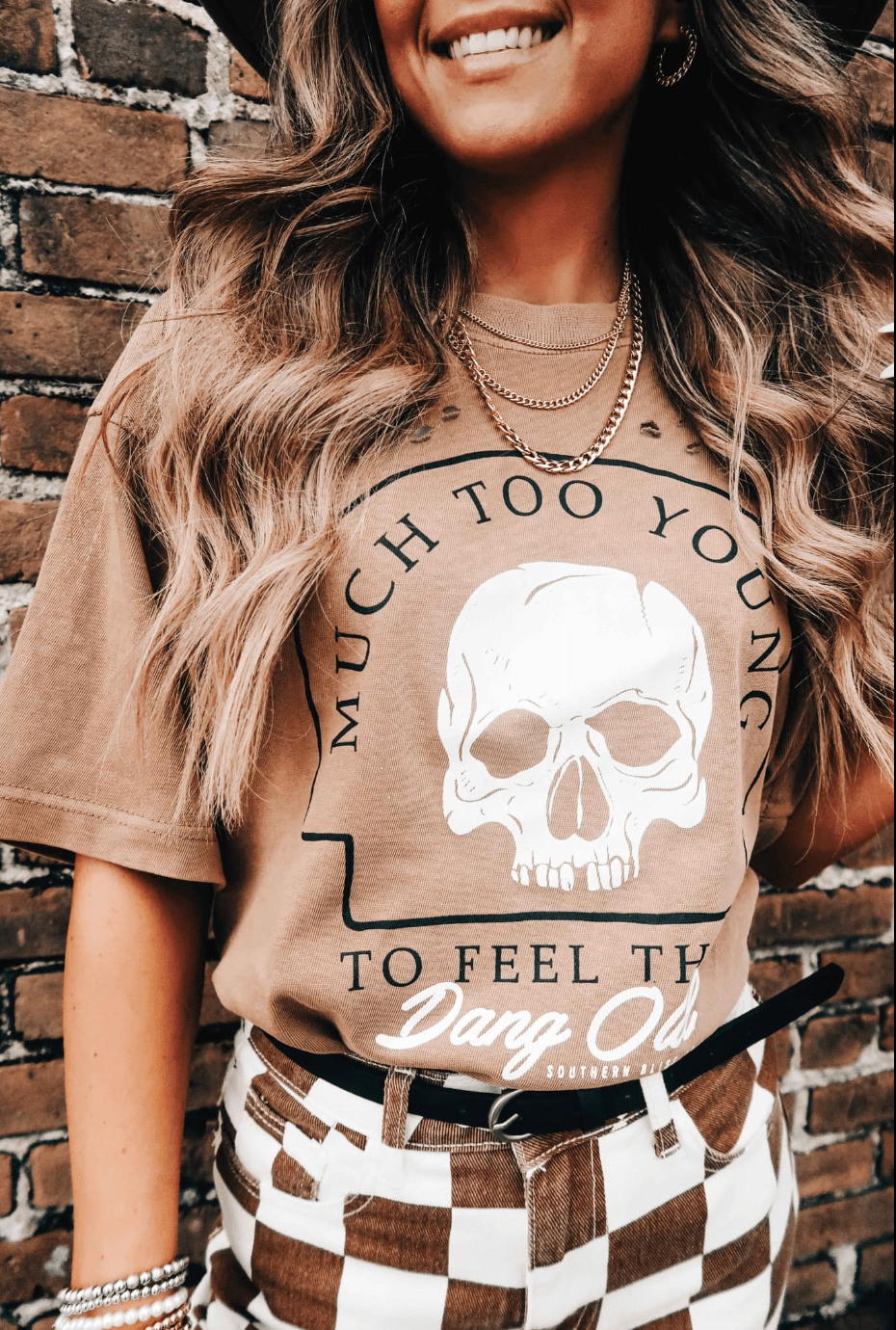Much Too Young Cut Mock Neck Tee-Dear Me Southern Boutique, located in DeRidder, Louisiana