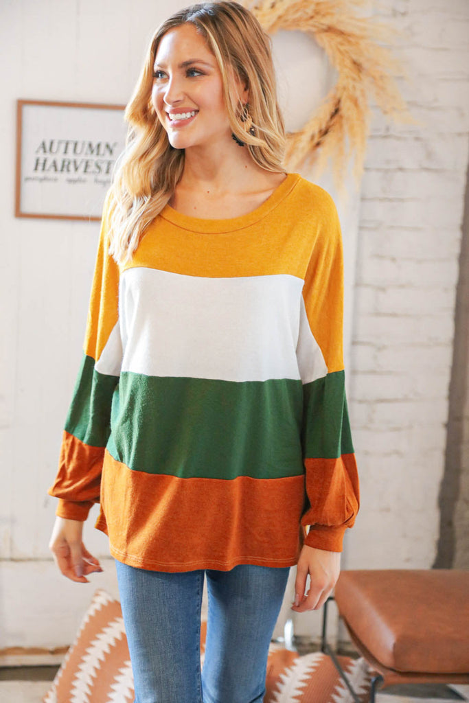 Mustard & Green Color Block Hacci Knit Top-Dear Me Southern Boutique, located in DeRidder, Louisiana