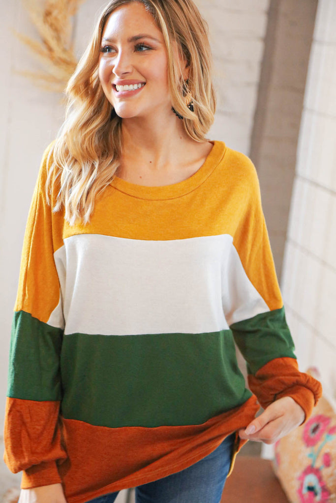 Mustard & Green Color Block Hacci Knit Top-Dear Me Southern Boutique, located in DeRidder, Louisiana