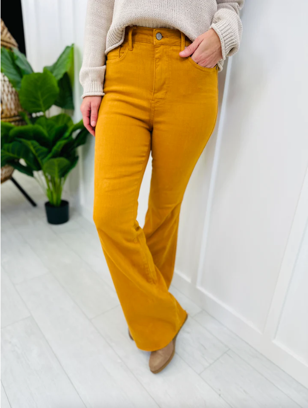 Mustard Tummy Control Judy Blue Flares-Dear Me Southern Boutique, located in DeRidder, Louisiana