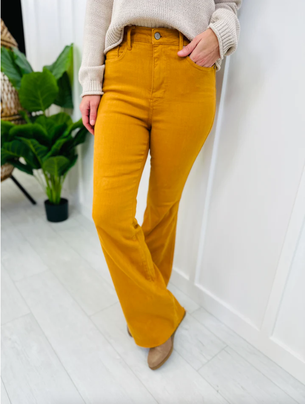 Mustard Tummy Control Judy Blue Flares-Jeans-Dear Me Southern Boutique, located in DeRidder, Louisiana