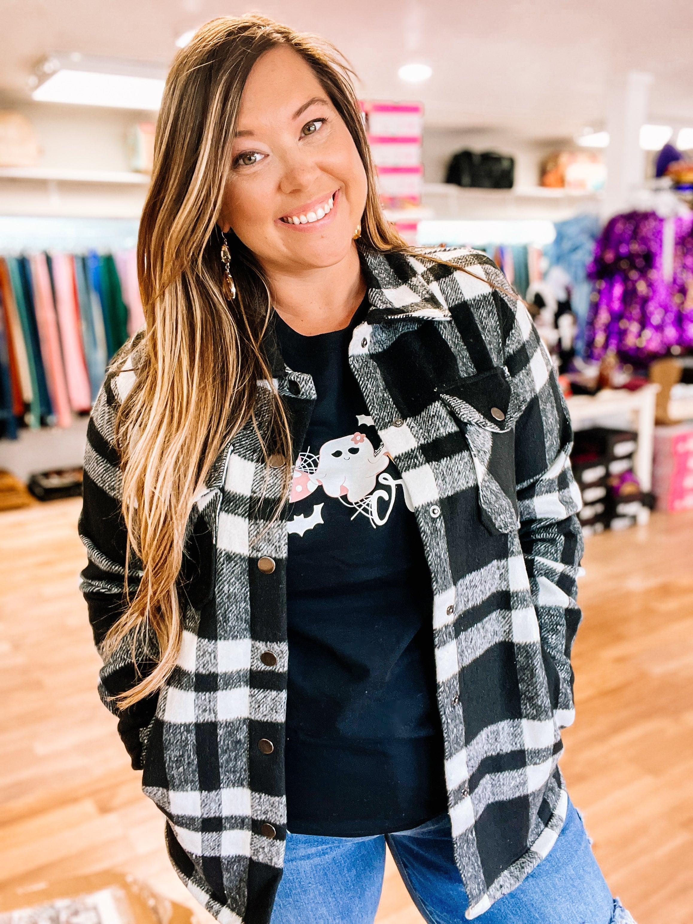 Norah Plaid Shacket- Black and White-Jackets-Dear Me Southern Boutique, located in DeRidder, Louisiana