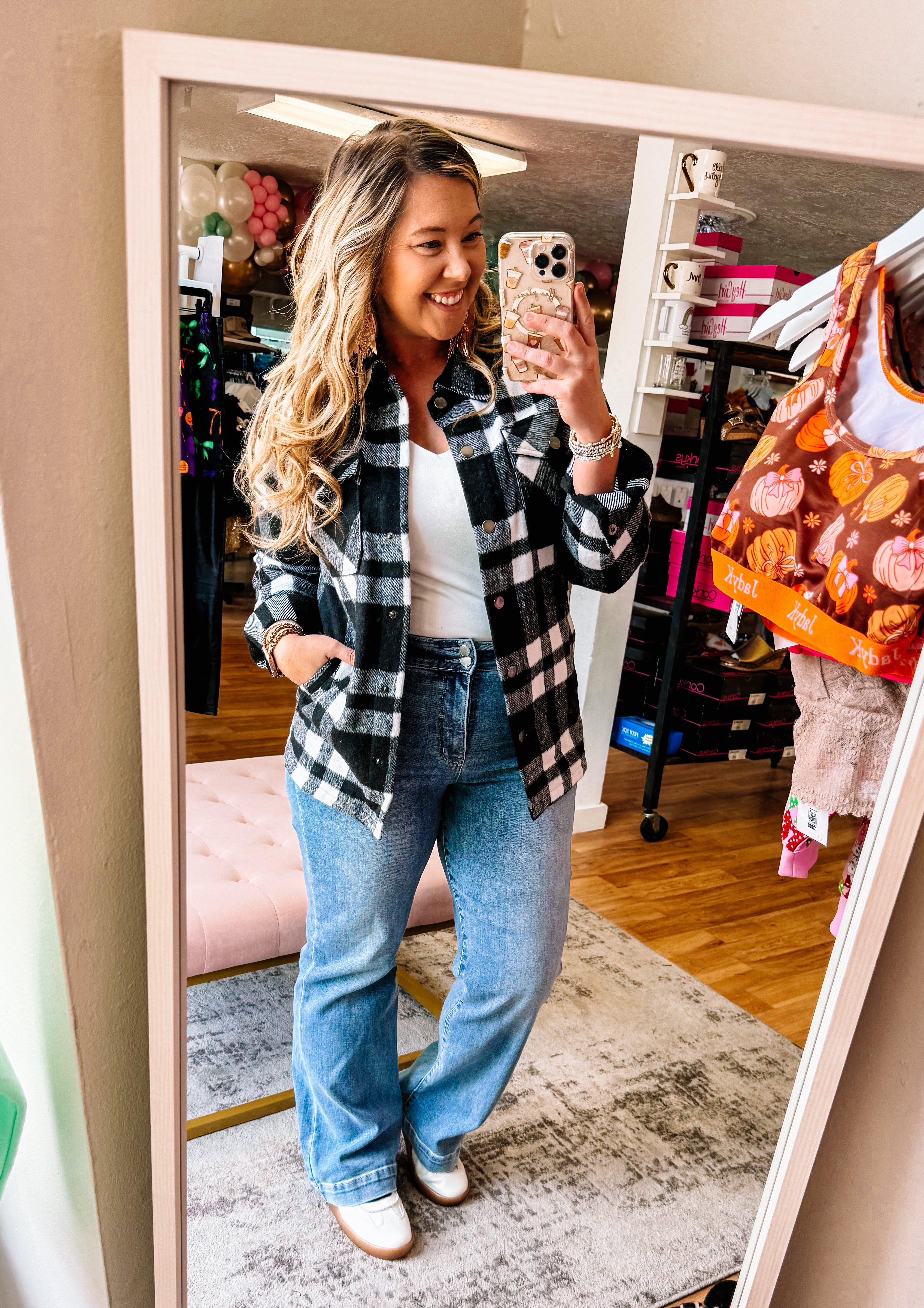 Norah Plaid Shacket- Black and White-Jackets-Dear Me Southern Boutique, located in DeRidder, Louisiana