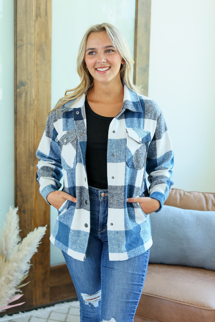 Norah Plaid Shacket - Blue Mix Plaid (INSTOCK)-Dear Me Southern Boutique, located in DeRidder, Louisiana