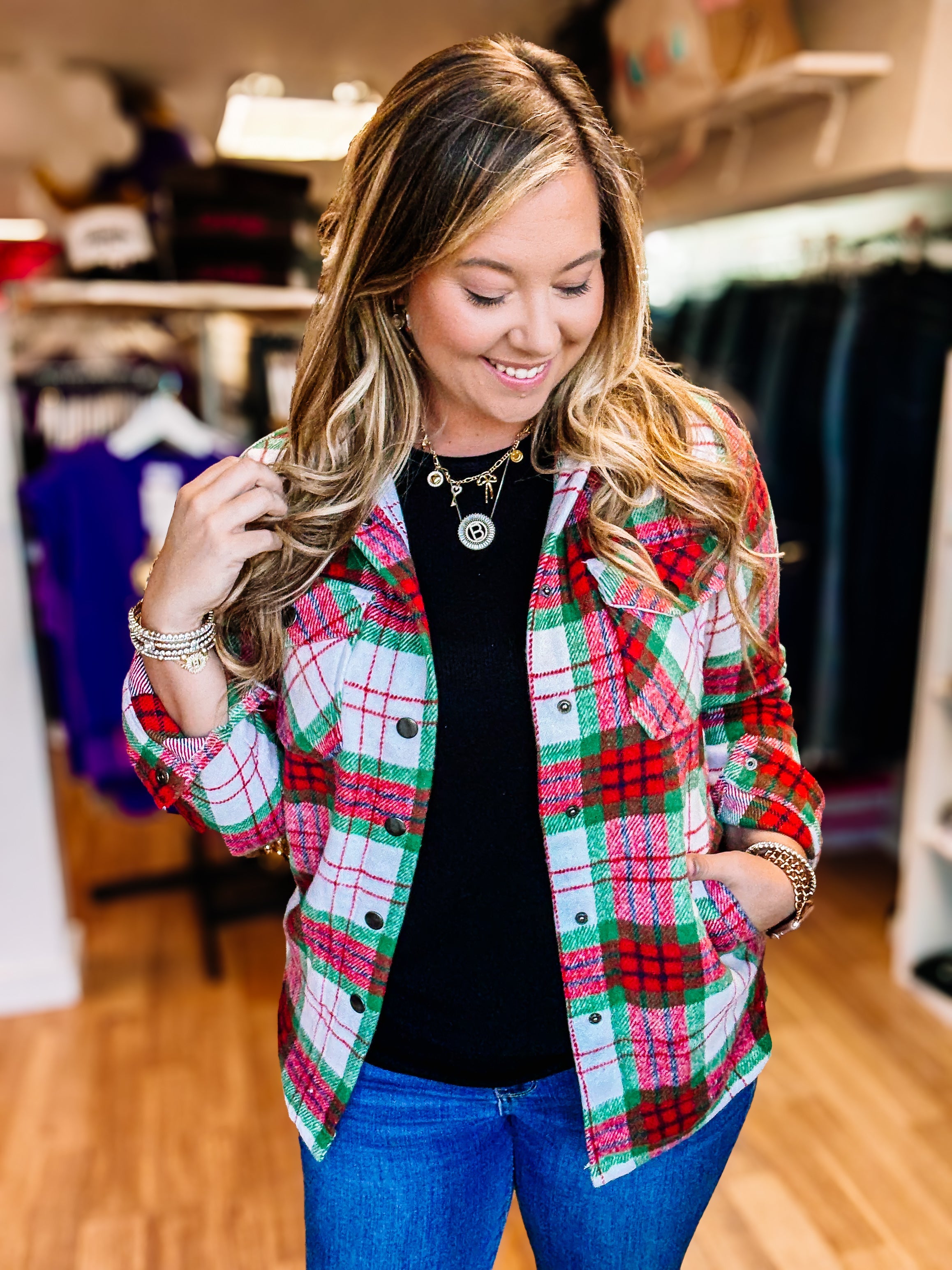 Norah Plaid Shacket - Christmas Plaid-Jackets-Dear Me Southern Boutique, located in DeRidder, Louisiana