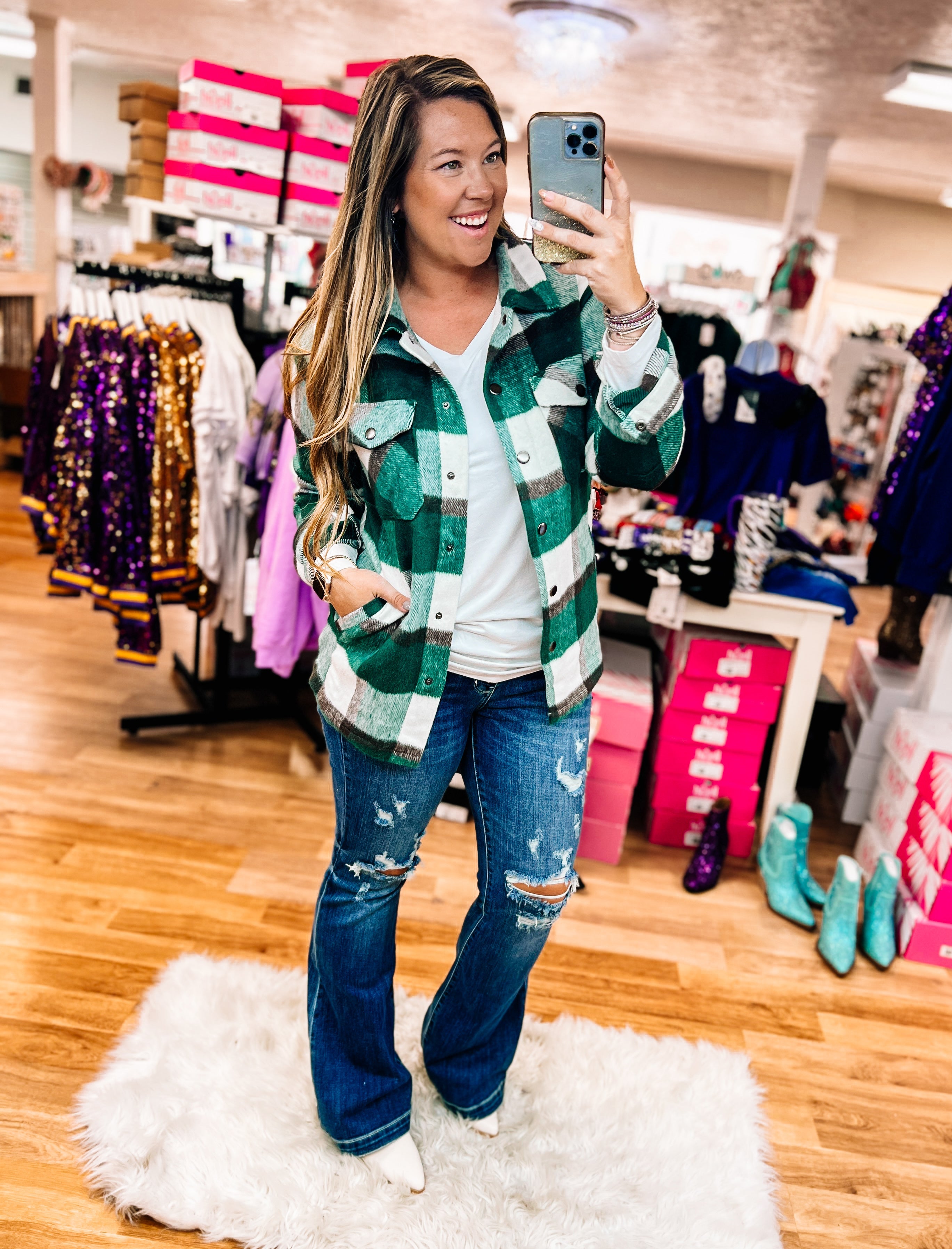 Norah Plaid Shacket- Evergreen and White-Jackets-Dear Me Southern Boutique, located in DeRidder, Louisiana