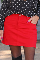 Nova Denim Skirt- Red-Skorts-Dear Me Southern Boutique, located in DeRidder, Louisiana