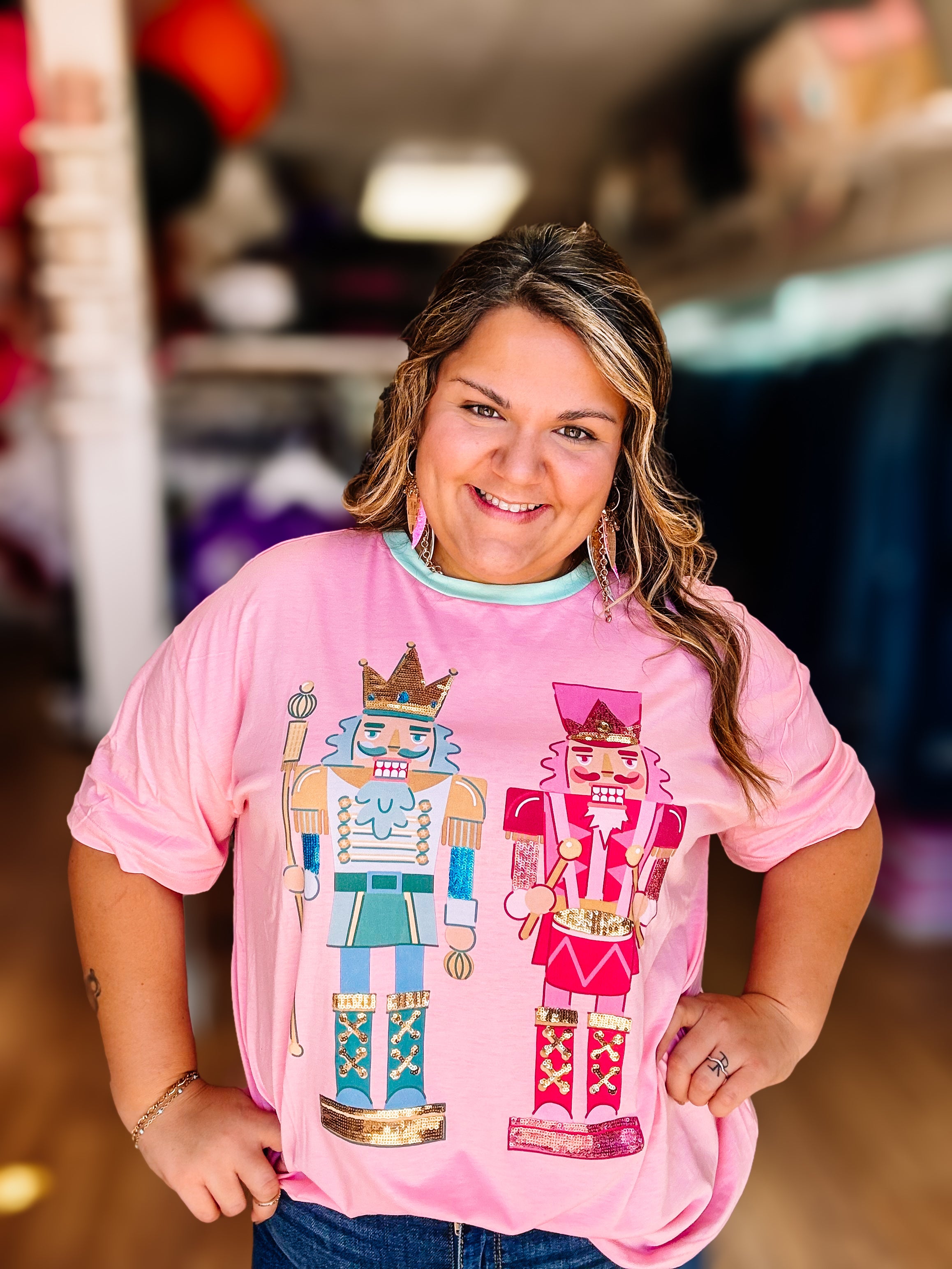 Nutcracker Vibes Sequin Embroidered Oversized Tee-Graphic Tops-Dear Me Southern Boutique, located in DeRidder, Louisiana