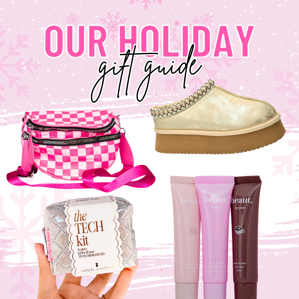 Gift guide with pink checkered bag, glittery shoe, 'Tech Kit', and beauty products on a pink background | Dear Me Southern Boutique | DeRodder, LA