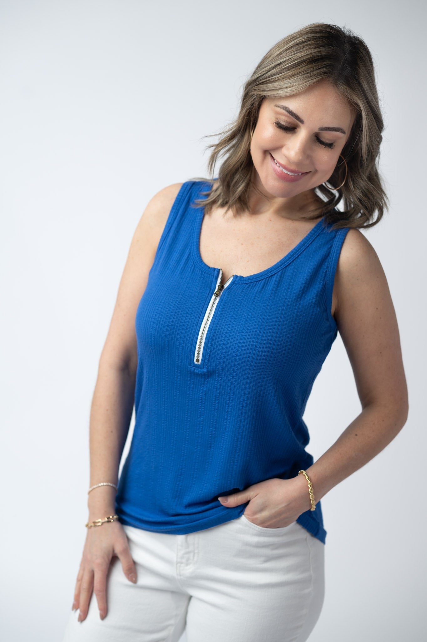 PREBOOK Mila Zipper Tank - Blue-clothing-Dear Me Southern Boutique, located in DeRidder, Louisiana