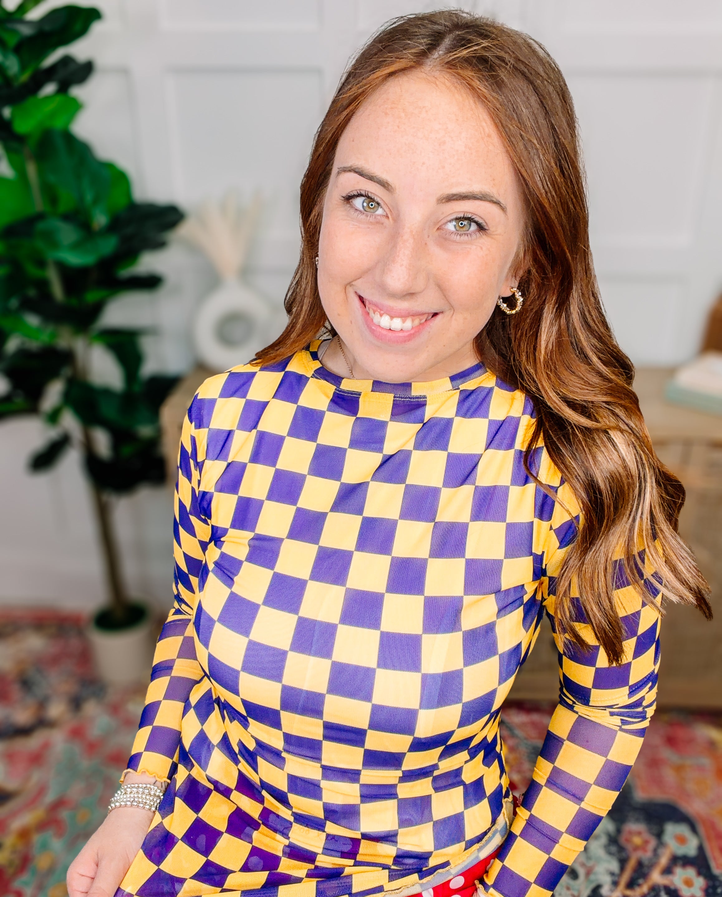 PREORDER: Alyssa Mesh Top- Purple/Yellow Checkered-Mesh Top-Dear Me Southern Boutique, located in DeRidder, Louisiana