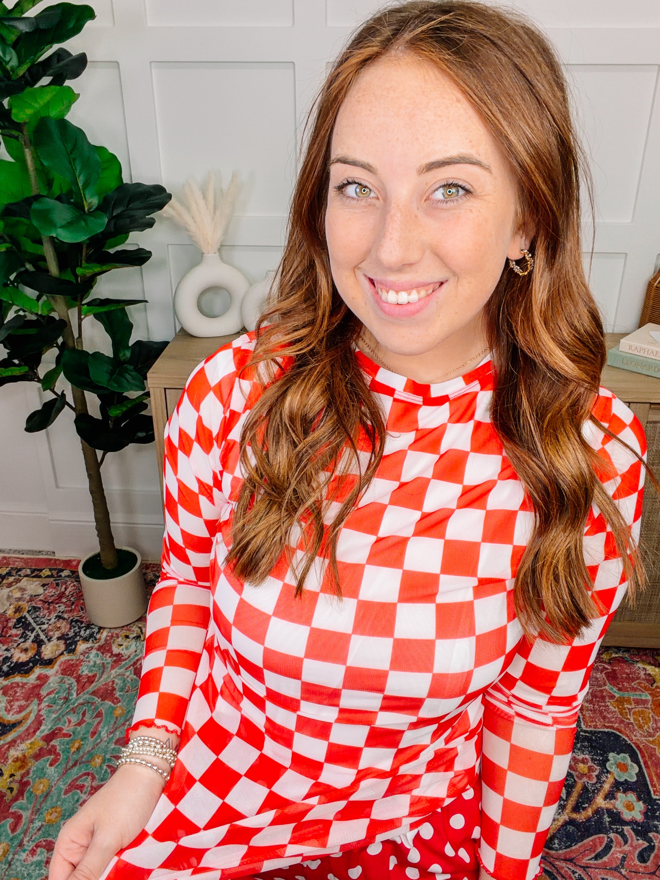 PREORDER: Alyssa Mesh Top- Red Checkered-Mesh Top-Dear Me Southern Boutique, located in DeRidder, Louisiana