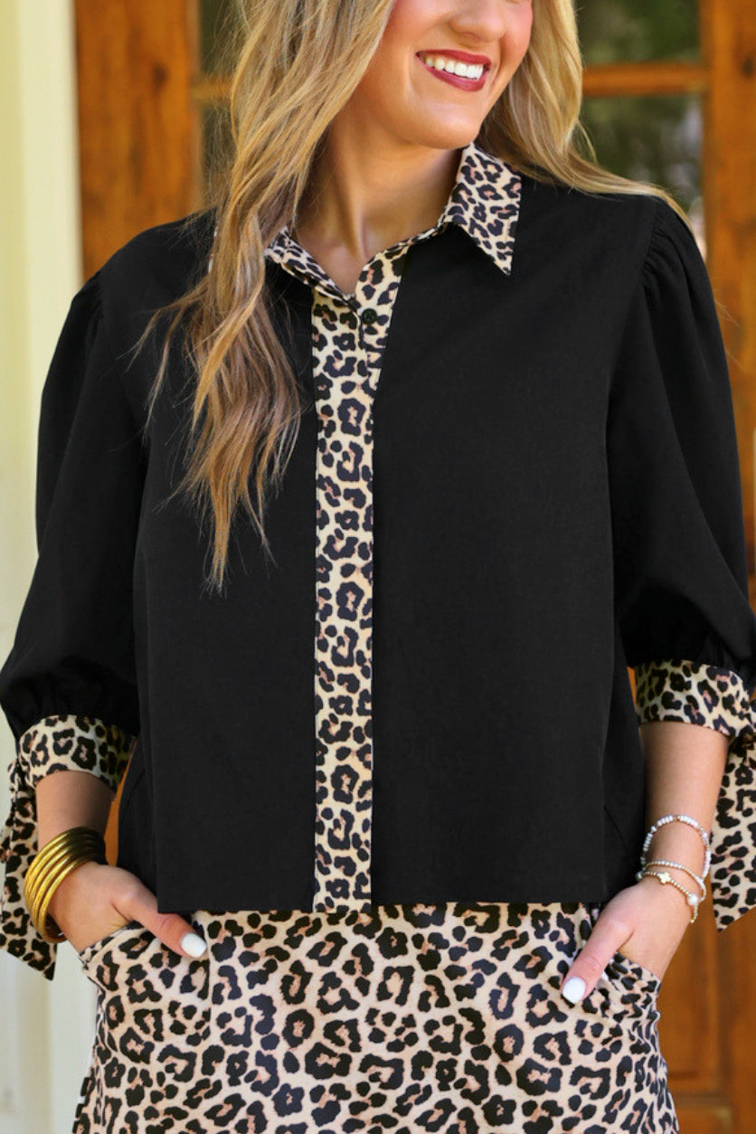 PREORDER- Cassidy Tie Sleeve Top- Black/Leopard-Presales-Dear Me Southern Boutique, located in DeRidder, Louisiana