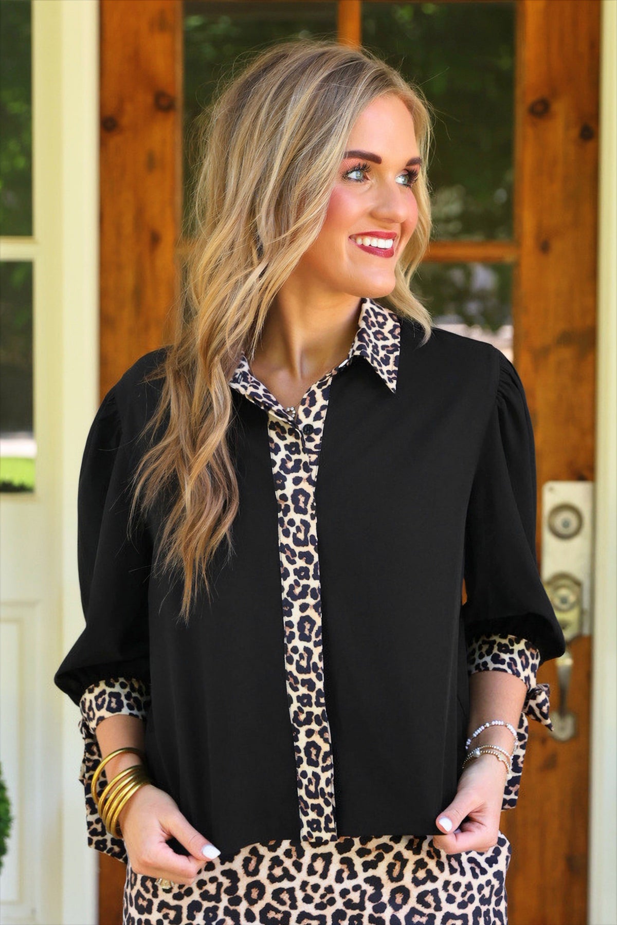 PREORDER- Cassidy Tie Sleeve Top- Black/Leopard-Presales-Dear Me Southern Boutique, located in DeRidder, Louisiana