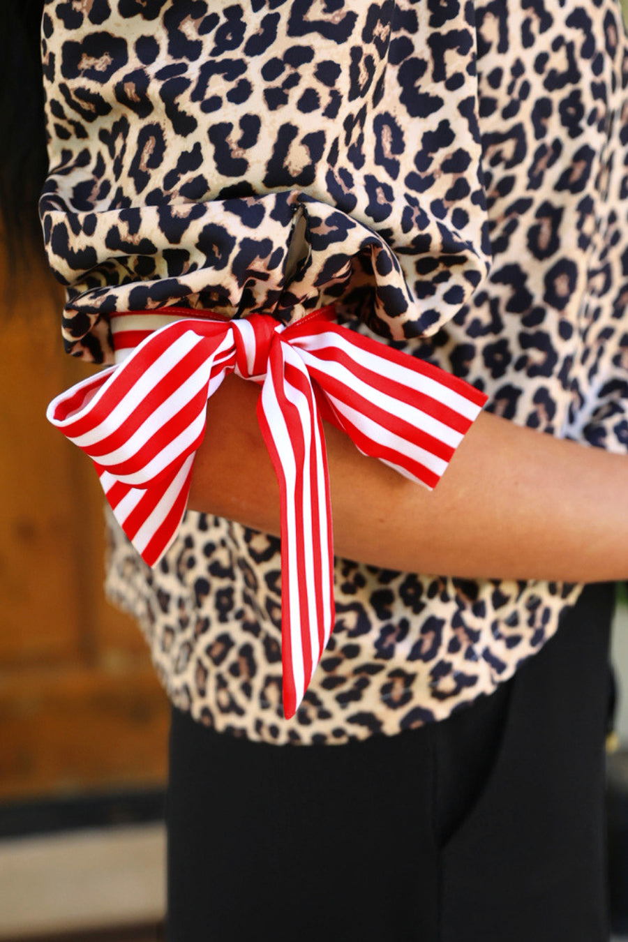 PREORDER- Cassidy Tie Sleeve Top- Leopard/Red Stripes-Presales-Dear Me Southern Boutique, located in DeRidder, Louisiana