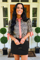 PREORDER- Cassidy Tie Sleeve Top- Leopard/Red Stripes-Presales-Dear Me Southern Boutique, located in DeRidder, Louisiana