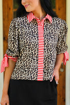 PREORDER- Cassidy Tie Sleeve Top- Leopard/Red Stripes-Presales-Dear Me Southern Boutique, located in DeRidder, Louisiana