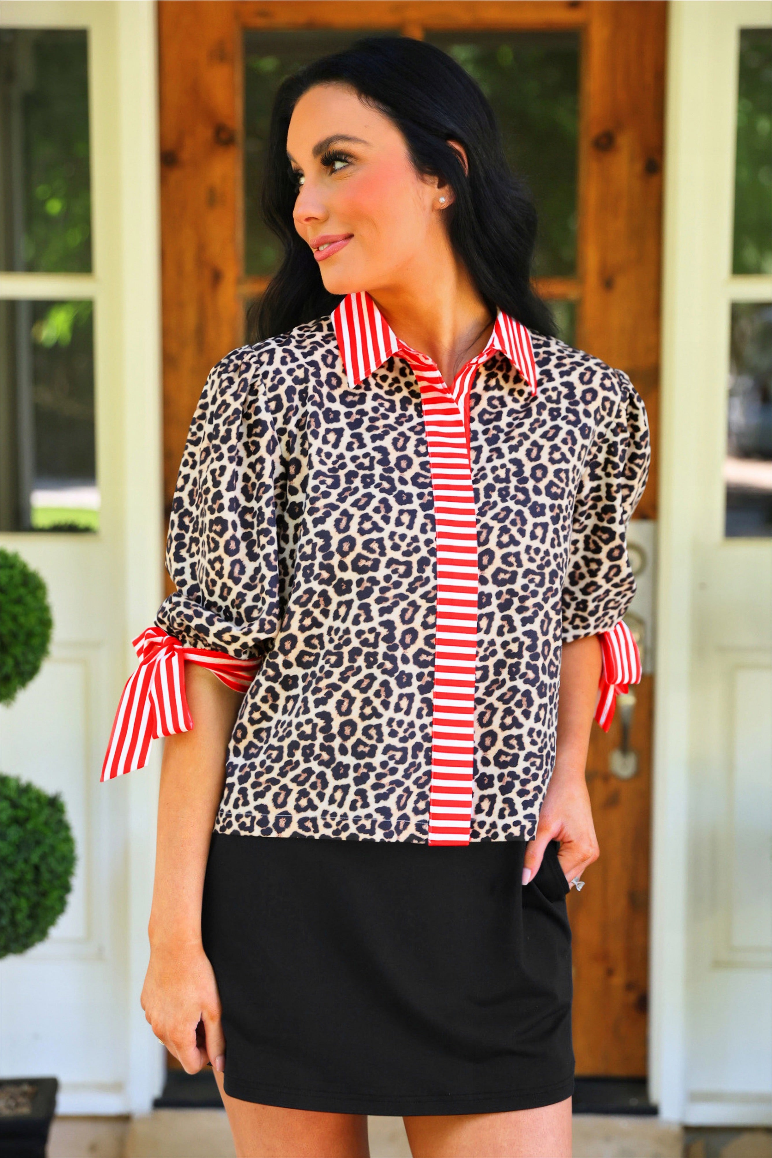 PREORDER- Cassidy Tie Sleeve Top- Leopard/Red Stripes-Presales-Dear Me Southern Boutique, located in DeRidder, Louisiana