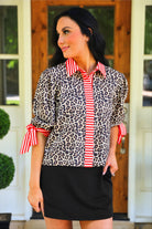 PREORDER- Cassidy Tie Sleeve Top- Leopard/Red Stripes-Presales-Dear Me Southern Boutique, located in DeRidder, Louisiana