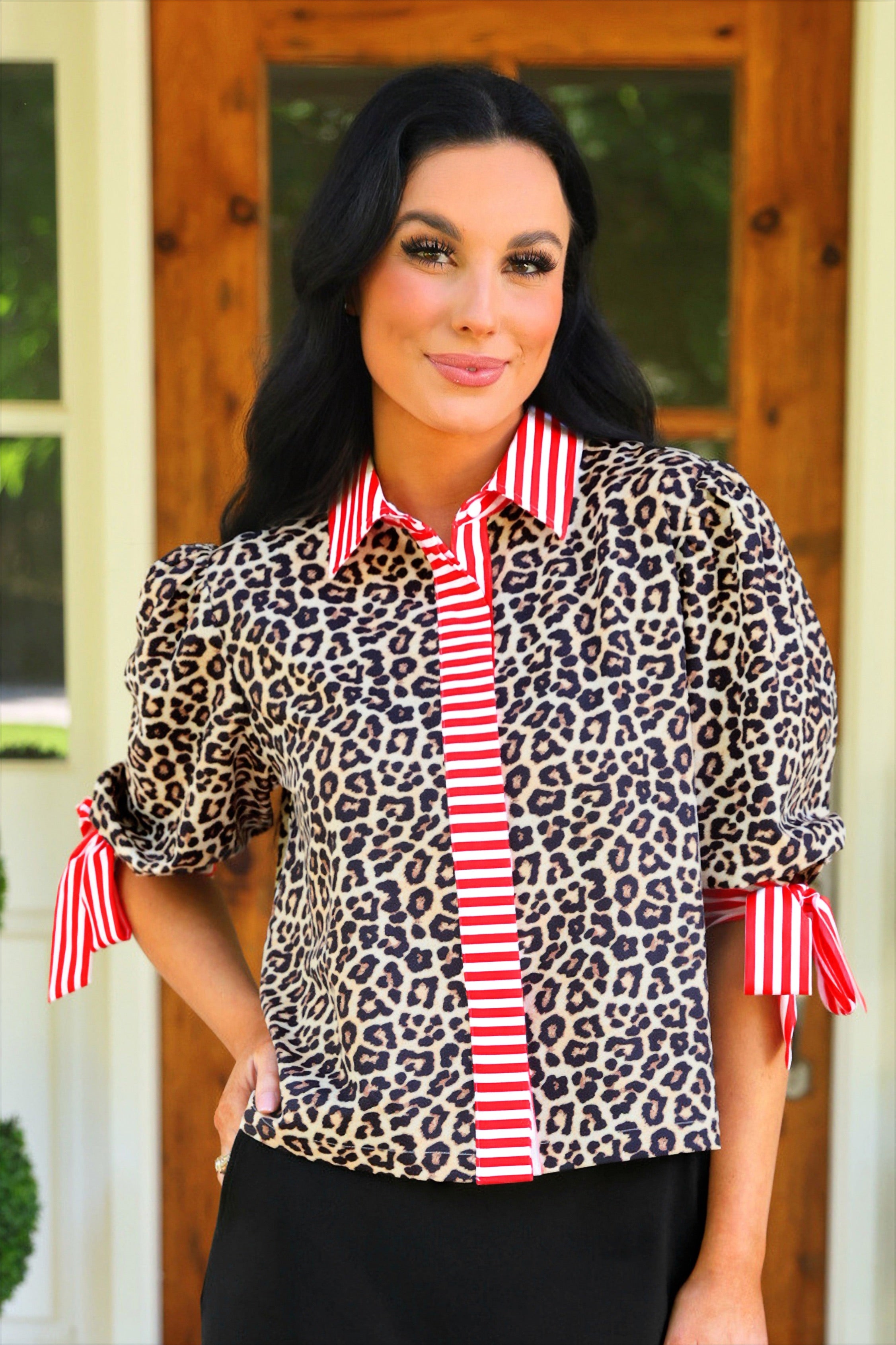 PREORDER- Cassidy Tie Sleeve Top- Leopard/Red Stripes-Presales-Dear Me Southern Boutique, located in DeRidder, Louisiana