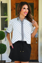 PREORDER- Cassidy Tie Sleeve Top- White Polka Dot/Stripes-Top-Dear Me Southern Boutique, located in DeRidder, Louisiana