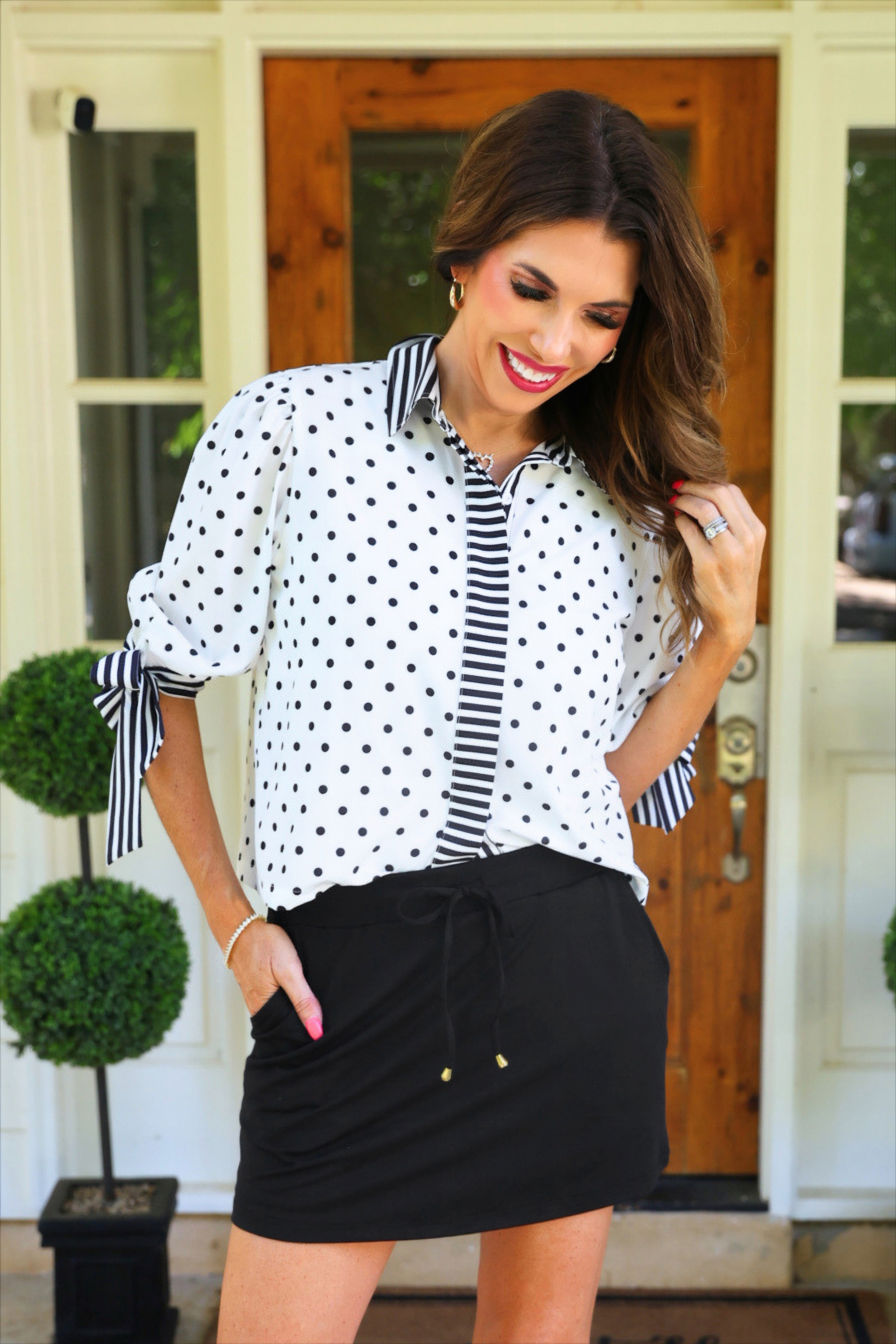 PREORDER- Cassidy Tie Sleeve Top- White Polka Dot/Stripes-Top-Dear Me Southern Boutique, located in DeRidder, Louisiana
