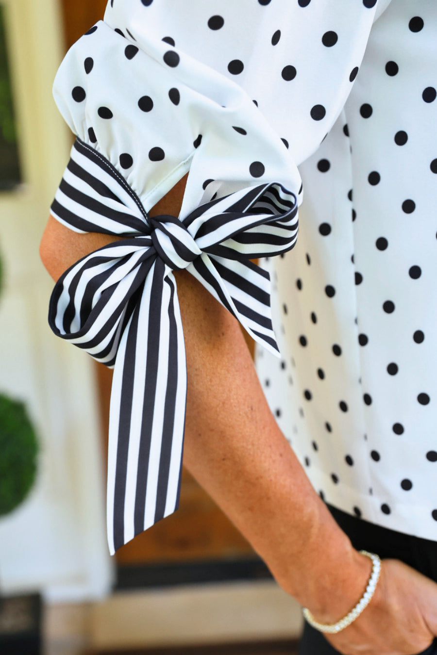 PREORDER- Cassidy Tie Sleeve Top- White Polka Dot/Stripes-Top-Dear Me Southern Boutique, located in DeRidder, Louisiana