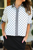 PREORDER- Cassidy Tie Sleeve Top- White Polka Dot/Stripes-Top-Dear Me Southern Boutique, located in DeRidder, Louisiana