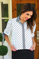 PREORDER- Cassidy Tie Sleeve Top- White Polka Dot/Stripes-Top-Dear Me Southern Boutique, located in DeRidder, Louisiana