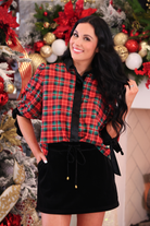 PREORDER- Cassidy Velvet Tie Sleeve Top- Red Plaid-Presales-Dear Me Southern Boutique, located in DeRidder, Louisiana