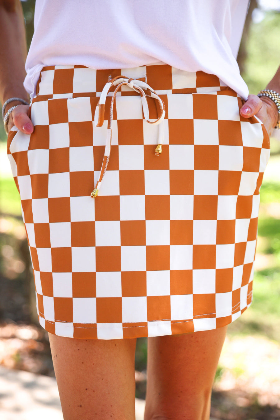 PREORDER: Checkerboard Checkered Everyday Skort- Orange-Skort-Dear Me Southern Boutique, located in DeRidder, Louisiana