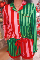 PREORDER- Christmas Stripes Ruffle Pajama Set-Apparel Set-Dear Me Southern Boutique, located in DeRidder, Louisiana