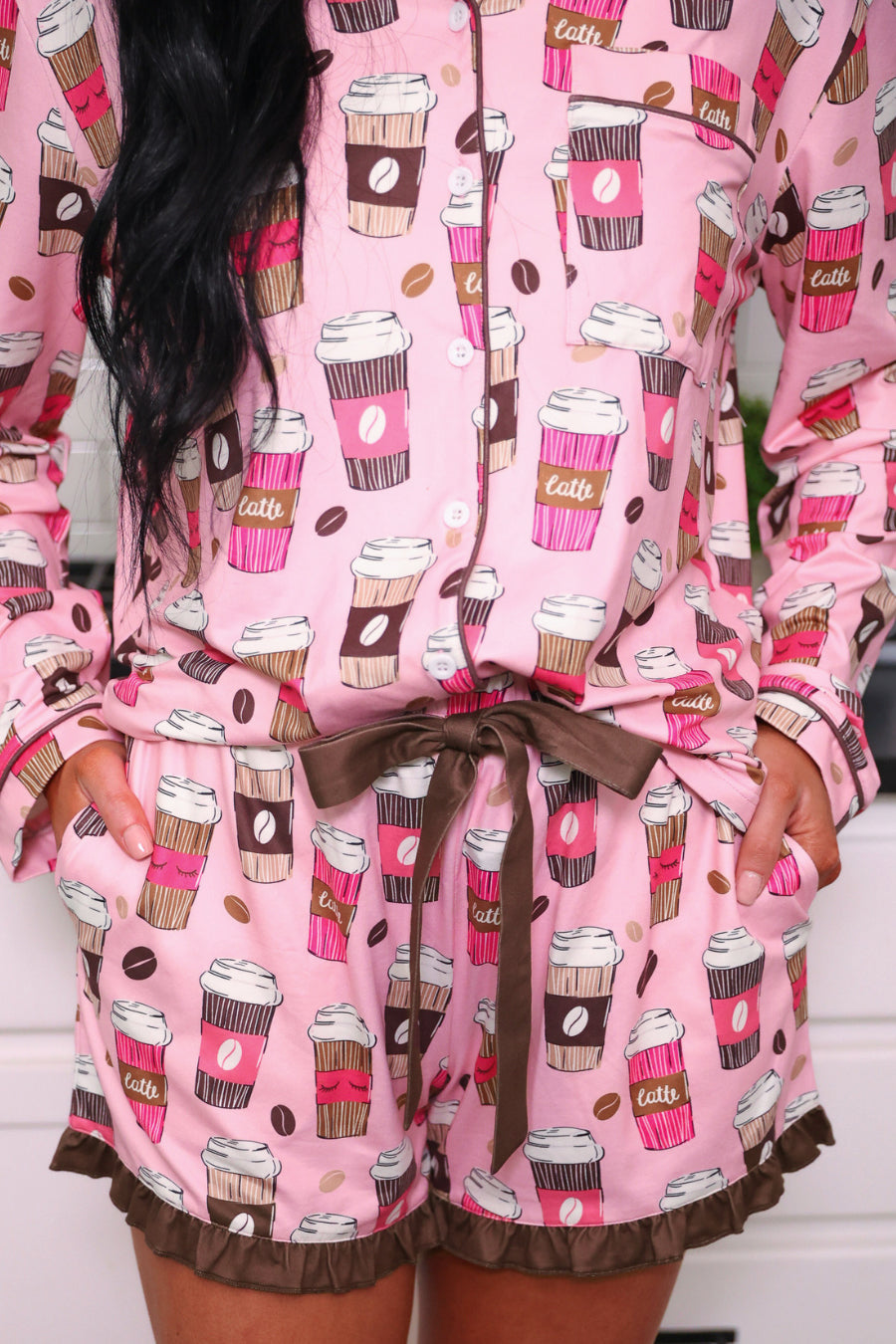 PREORDER- Coffee Date Ruffle Pajama Set-Apparel Set-Dear Me Southern Boutique, located in DeRidder, Louisiana