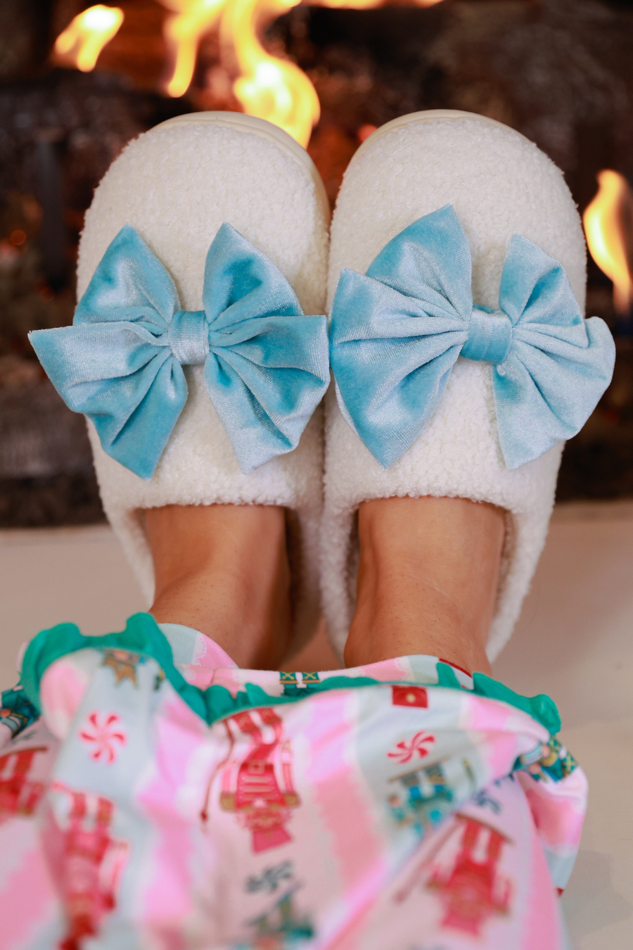 PREORDER- Cozy Bow Slippers- White/Aqua-Shoes-Dear Me Southern Boutique, located in DeRidder, Louisiana