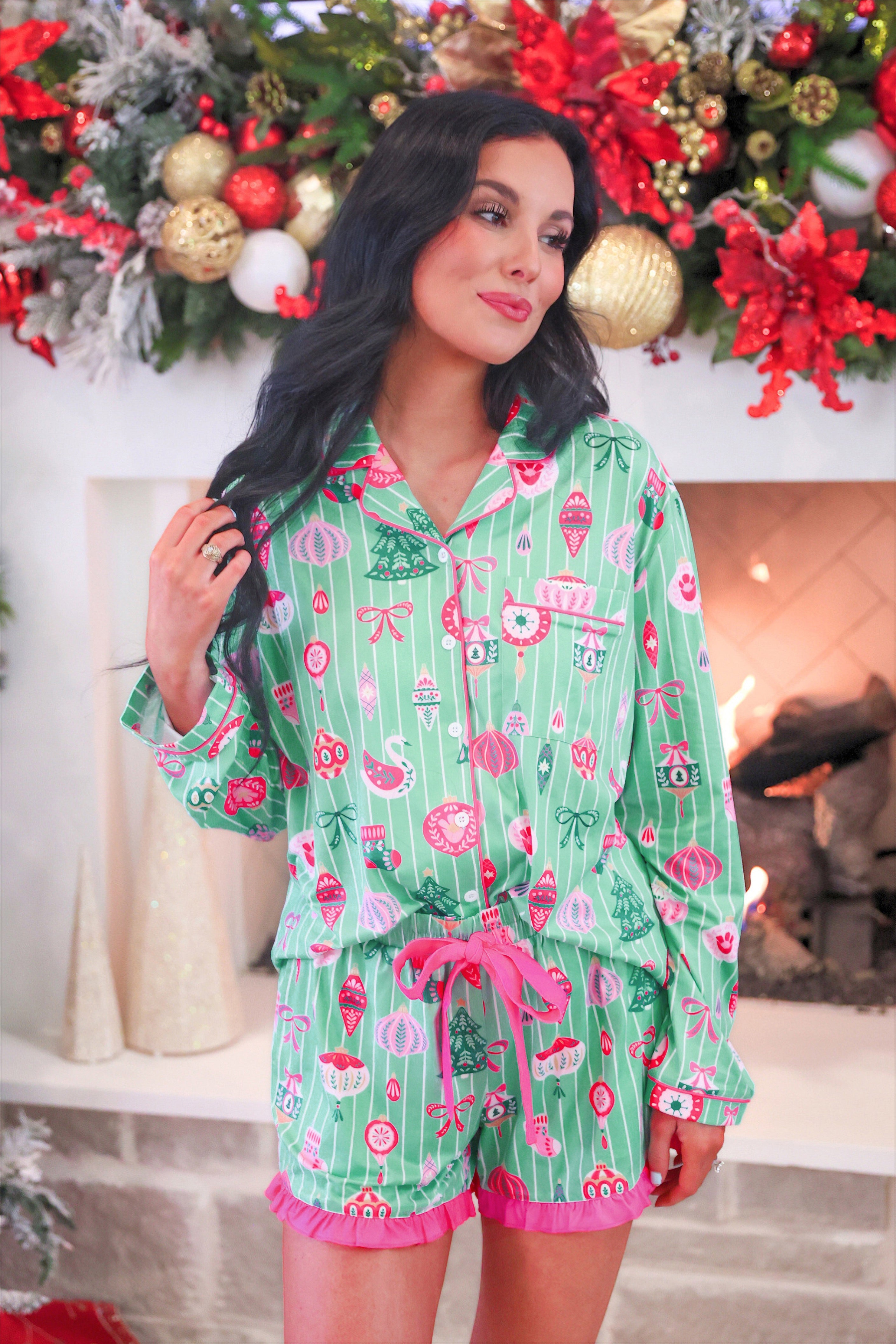PREORDER- Decked in Ornaments Ruffle Pajama Set-Apparel Set-Dear Me Southern Boutique, located in DeRidder, Louisiana