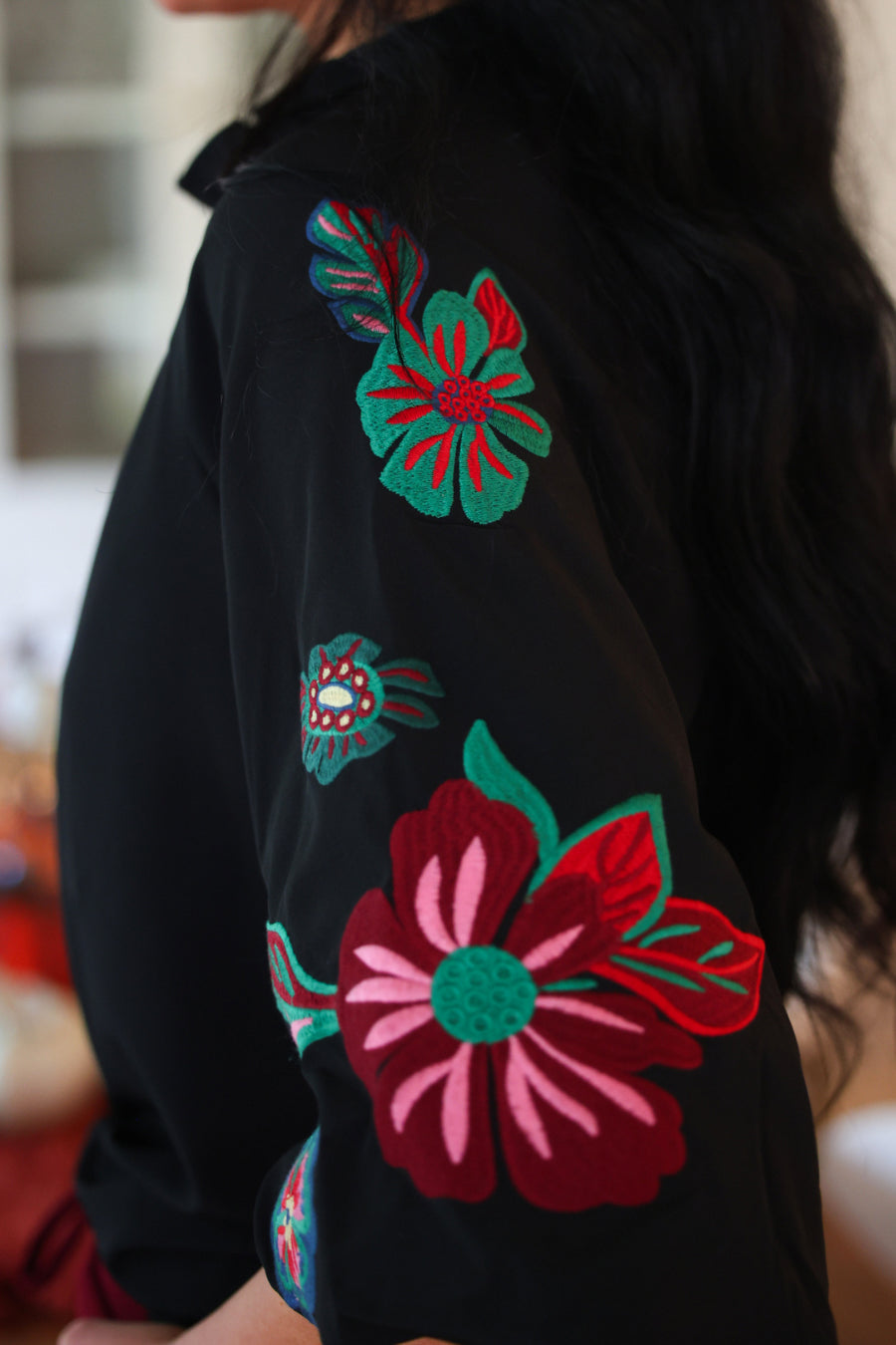 PREORDER- Donna Floral Embroidered Top- Black-Top-Dear Me Southern Boutique, located in DeRidder, Louisiana